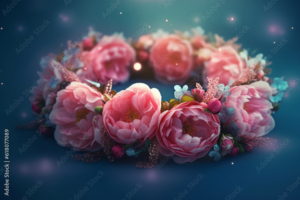 Poster An image of a flower crown made with delicate Peony, smooth elegant transparent fabric on bright bokeh background.  Generative AI technology.