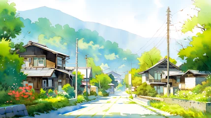 Foto op Canvas ノスタルジックな日本の田舎の風景の水彩イラスト　Generative AI © Hanasaki
