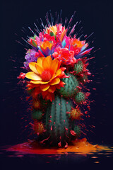 An vibrant image of a Cacti containing mescaline (e.g., Echinopsis lageniformis) splashed in bright paint,  Generative AI technology. - obrazy, fototapety, plakaty