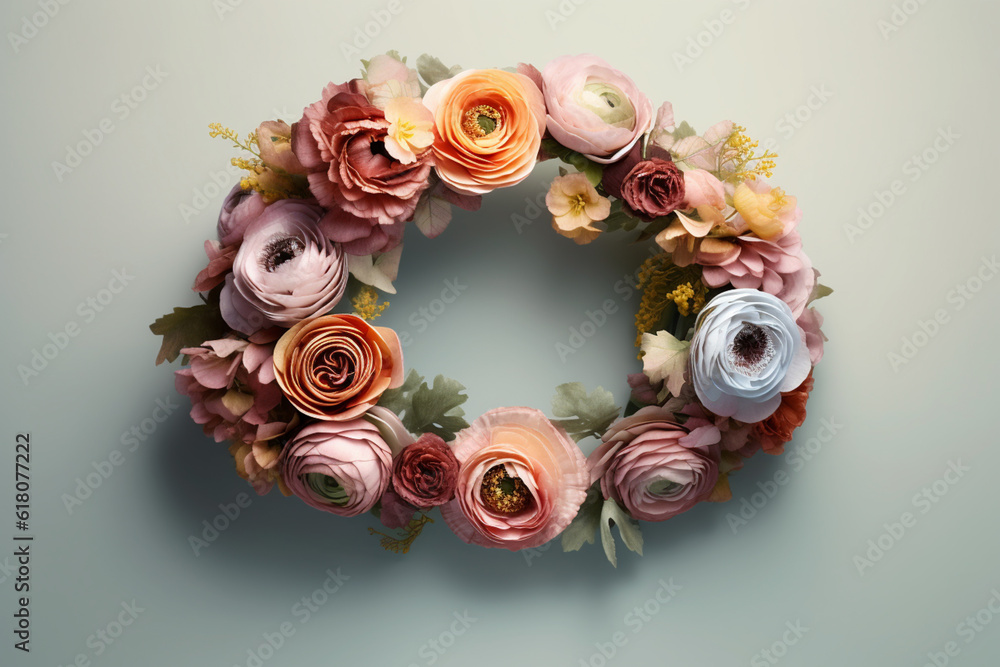 Poster An image of a flower crown made with pastel-colored ranunculus flowers, adding a soft and romantic touch.  Generative AI technology.