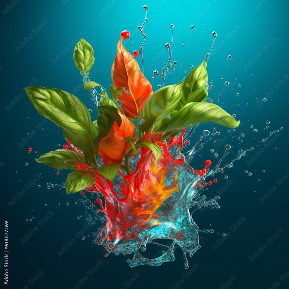 Poster An abstract surreal photograph of a Basil splashed in bright paint.  Generative AI technology.