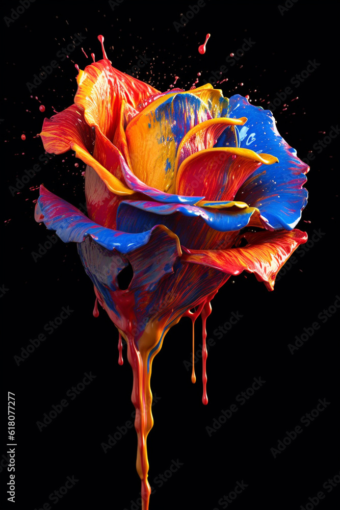 Poster an abstract surreal photograph of a rose splashed in bright paint. generative ai technology.