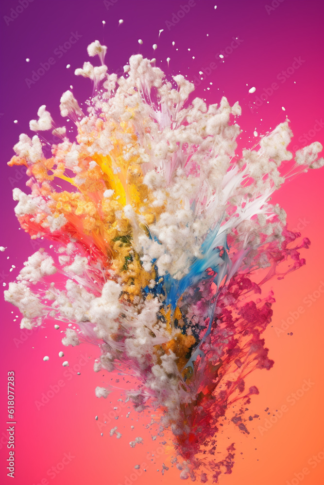 Poster an abstract surreal photograph of a baby's breath splashed in bright paint. generative ai technology
