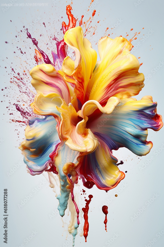 Poster An abstract surreal photograph of a Orchid splashed in bright paint. Generative AI technology.