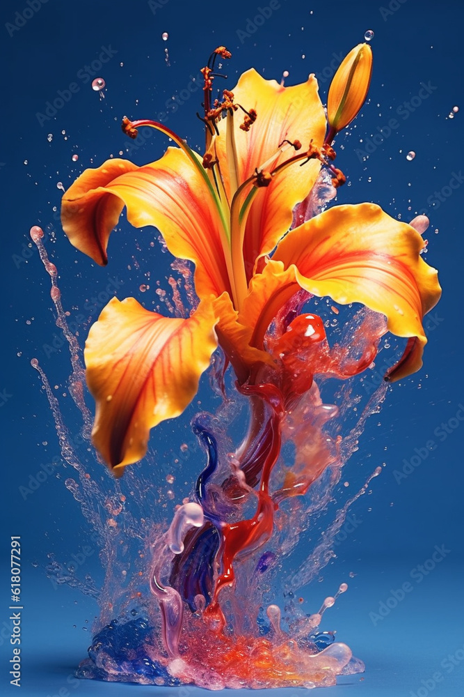 Poster An abstract surreal photograph of a Lily splashed in bright paint.  Generative AI technology.