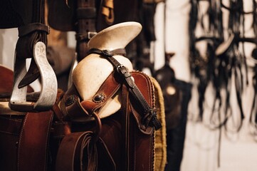 Closeup of a selection of horse-riding equipment.