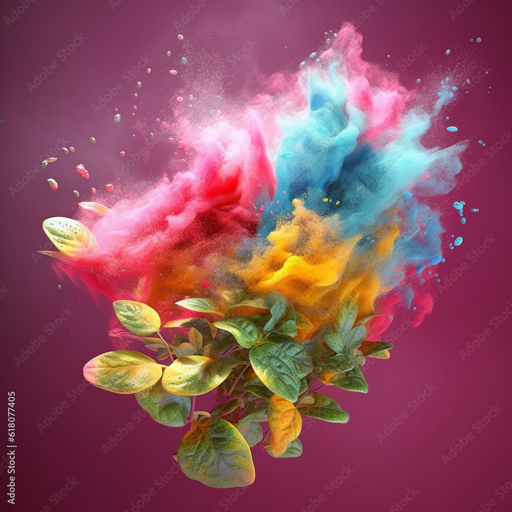 Poster An abstract surreal photograph of a Oregano splashed in bright paint.  Generative AI technology.