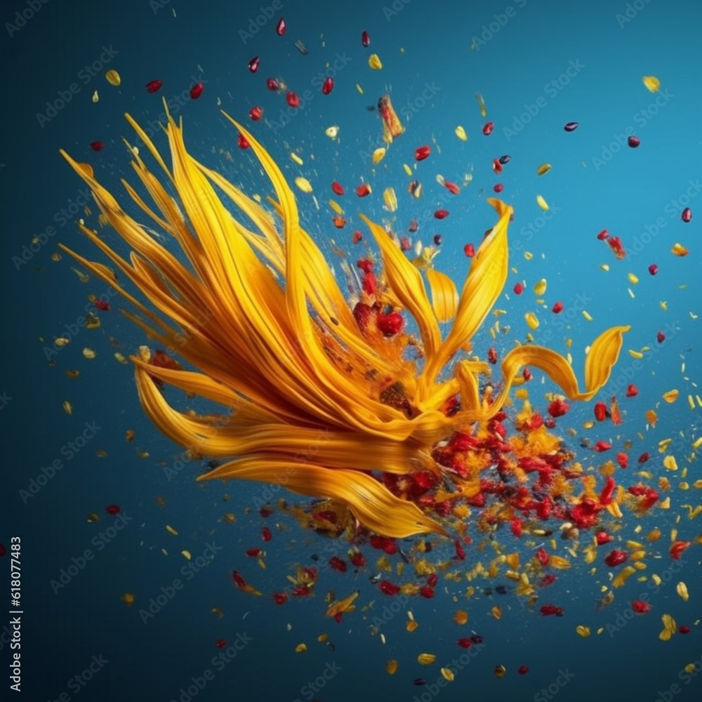 Poster An abstract surreal photograph of a Fennel seeds splashed in bright paint.  Generative AI technology.
