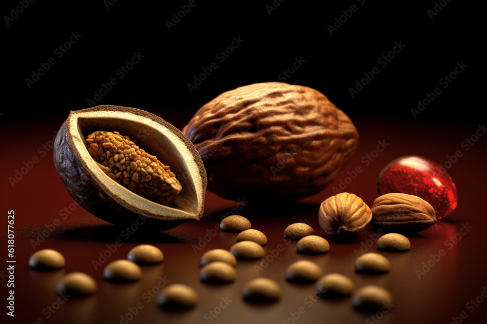 Aufkleber an image capturing whole nutmeg seeds, known for their warm and aromatic properties. generative ai t