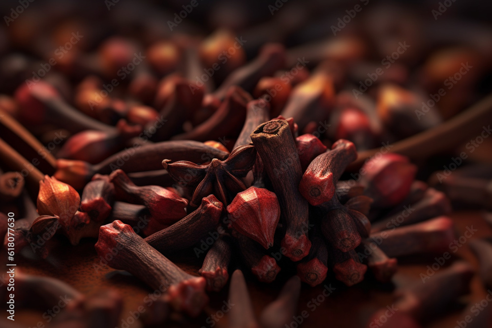 Poster an artistic image of whole cloves, highlighting their dark brown color and strong, aromatic scent. g