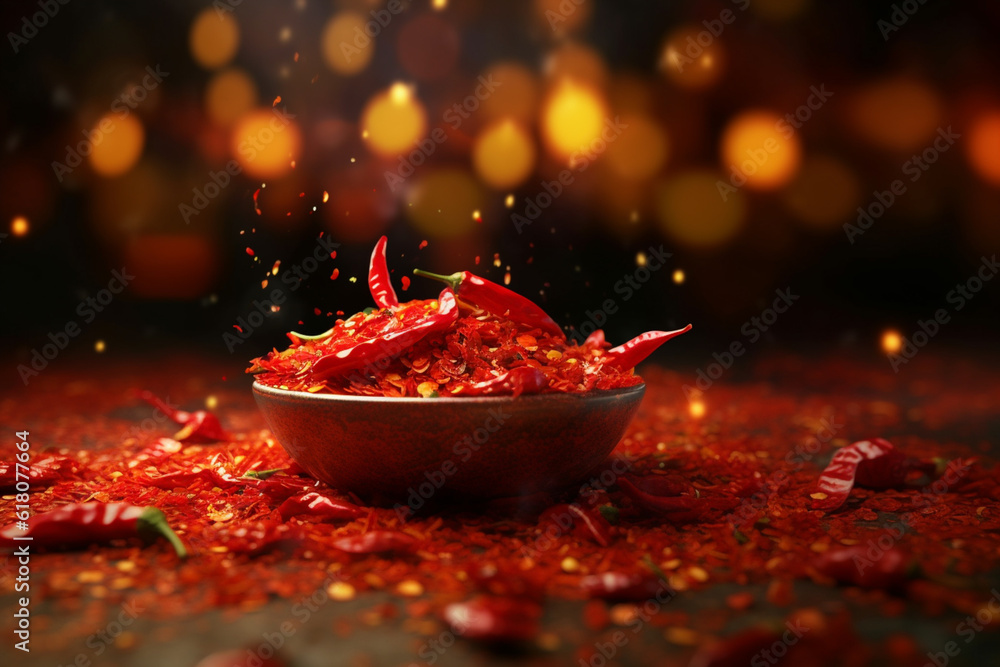 Poster an image showcasing chili flakes, known for their fiery red color and intense spiciness. generative 