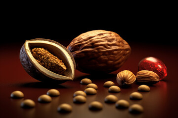 An image capturing whole nutmeg seeds, known for their warm and aromatic properties. Generative AI technology.