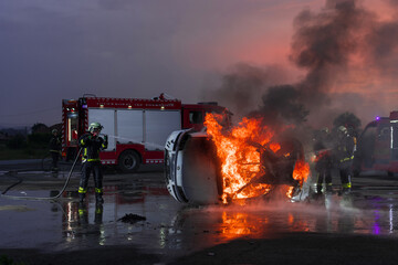Firefighters fight the fire flame to control fire not to spreading out. Firefighter industrial and...