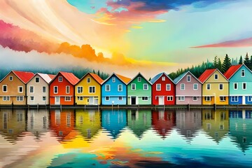 colorful houses on the river generated by AI technology