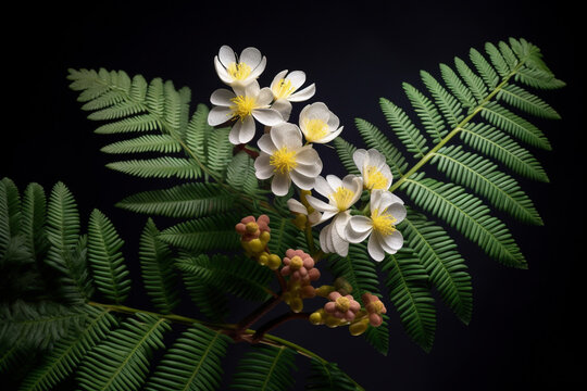A photo capturing Mimosa hostilis (Jurema), showcasing its fern-like leaves, white flowers, and the presence of DMT.  Generative AI technology.