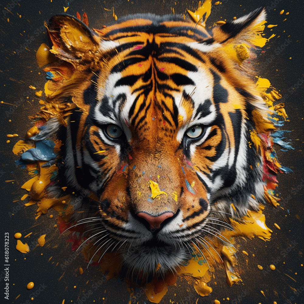 Poster An abstract surreal photograph of a Tiger's eye splashed in bright paint. Generative AI technology.