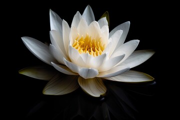 Symbol of Purity. Closeup of Fresh White Lotus Flower on Black Background - obrazy, fototapety, plakaty