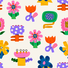 Various abstract Flowers. Set of colorful unique elements. Square seamless Pattern. Wallpaper, print template. Hand drawn trendy Vector illustration