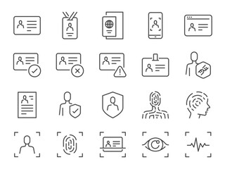 Identity icon set. It included ID card, passport, driving license, authorization, and more icons. Editable Vector Stroke.
