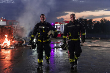 Brave Firefighters Team Walking to the Camera. In Background Paramedics and Firemen Rescue Team Fight Fire in Car Accident, Insurance and Save Peoples Lives concept.