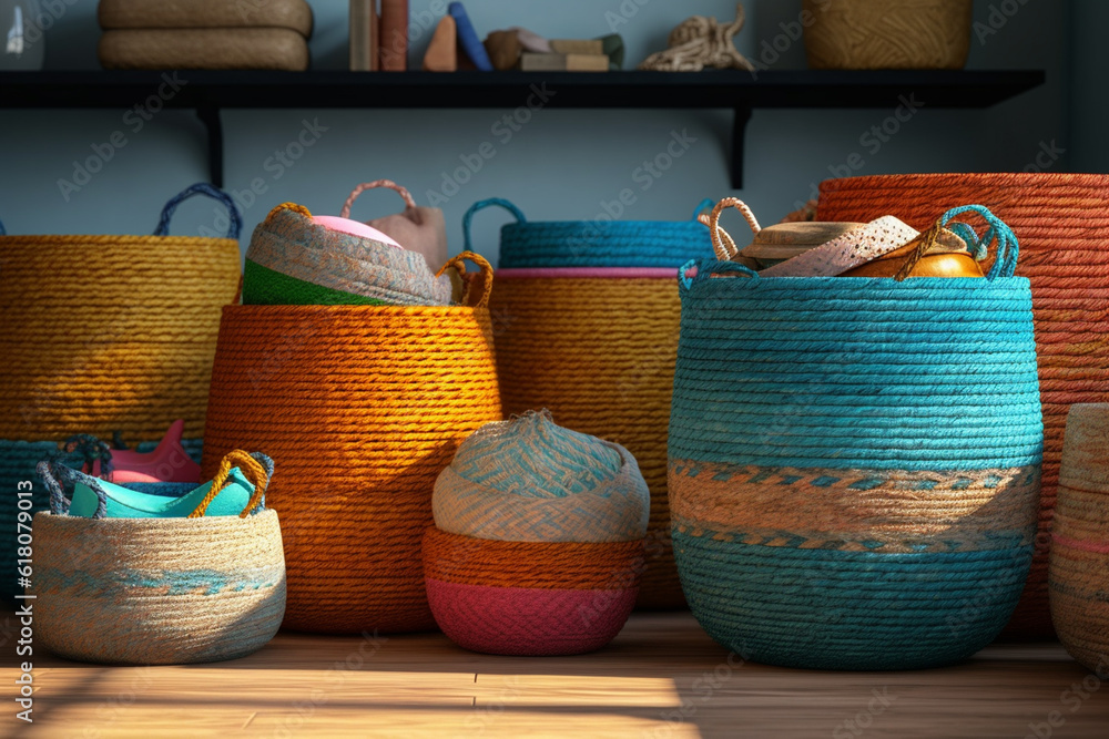 Poster an image capturing a set of nesting baskets made from seagrass, showcasing different sizes and shape
