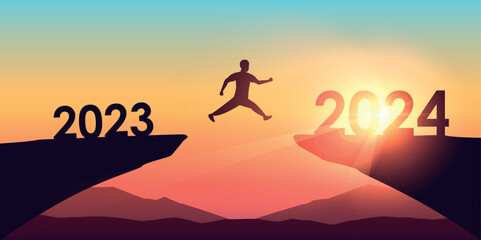 man jumping over a cliff from 2023 to 2024 on sunny background vector illustration EPS10