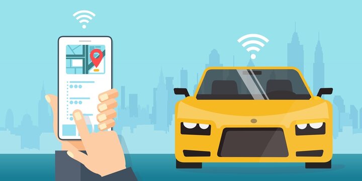 Chiama un taxi online, applicazione mobile. App mobile con mappa. - illustrazioni