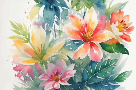 Watercolor Tropical Flower Illustration with Colorful Paint Splash on Light Background. Vintage Aquarelle Wallpaper Design for Banner, Poster, Invitation or Greeting Card.
