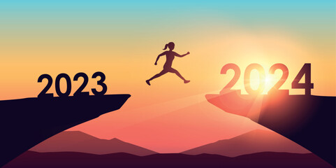 woman jumping over a cliff from 2023 to 2024 on sunny background vector illustration EPS10