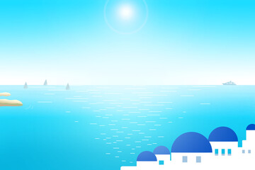 Fototapeta na wymiar 晴天の地中海との海辺の白い家の背景イラスト