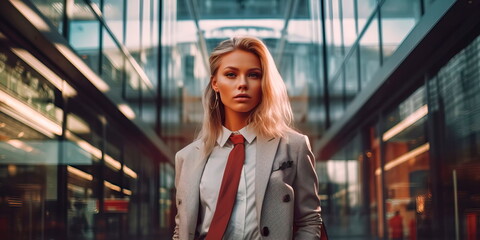 Fototapeta premium urban environment where a woman in a stylish suit strolls among large city buildings.