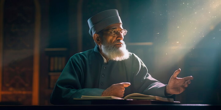 Muslim scholar delivering a thought-provoking lecture on Islamic philosophy and spirituality, inspiring listeners with wisdom . Generative AI