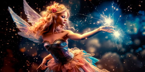 space fairy with flapping wings and a magic wand scattering stardust throughout space.