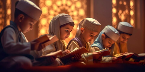 Muslim children engaged in a Quran recitation competition, showcasing their memorization skills and dedication Generative AI - obrazy, fototapety, plakaty