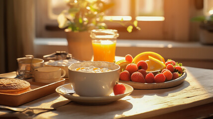 Breakfast shot close-up, coffee cup, bread, croissant, soup, ready to eat, comfortable morning light, from generative AI