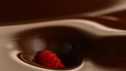 Slow motion of a strawberry falling into the brown melted chocolate - Powered by Adobe