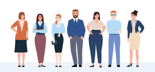 Obraz premium Business team, staff. Office workers in office clothes stand in a row. Friendly business team