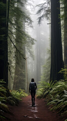 A Young Woman in Hiking Gear Walking a Trail in a Foggy Redwood Forest