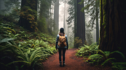 A Young Woman in Hiking Gear Walking a Trail in a Foggy Redwood Forest