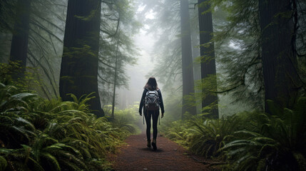 A Young Woman in Hiking Gear Walking a Trail in a Foggy Redwood Forest