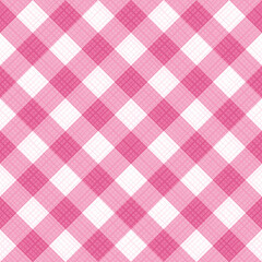 Seamless soft pink colors gingham fabric cloth, tablecloth, pattern, swatch, background, or wallpaper with fabric texture visible. Diagonal repeat pattern. Single tile here.
