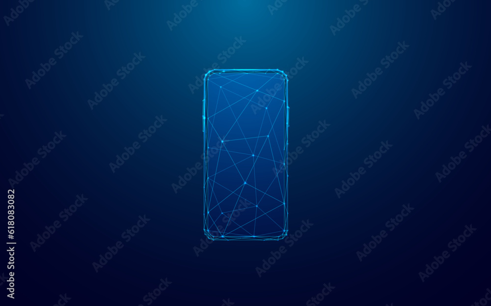 Poster Abstract Empty Phone Screen in Blue Low Poly Style. Front View of Smartphone on Techno Dark Blue Background. Digital Smart Device. Modern Technology Concept. Wireframe 3D Vector Illustration.