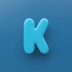 3D Blue uppercase letter K with a glossy surface on a blue background .