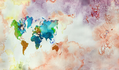 illustrazione con carta geografica, mappa del mondo in colori ad acqua su carta ruvida