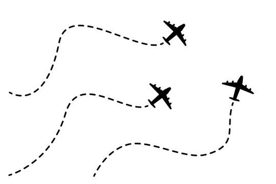 Set of airplanes traveling. Vector illustration about travel concept. Planes with Dashed Line Routes