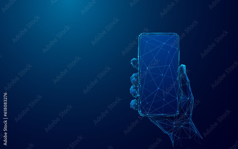 Poster Abstract Digital Right-Hand Holding Mobile Phone With Empty Screen. Technology Concept. Smartphone on Dark Blue Background. Wireframe Light Connection Structure. Modern Low Poly 3D Vector Illustration