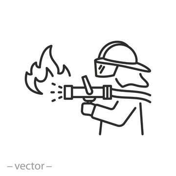 firefighter icon, fireman puts out the fire, thin line symbol - editable stroke vector illustration