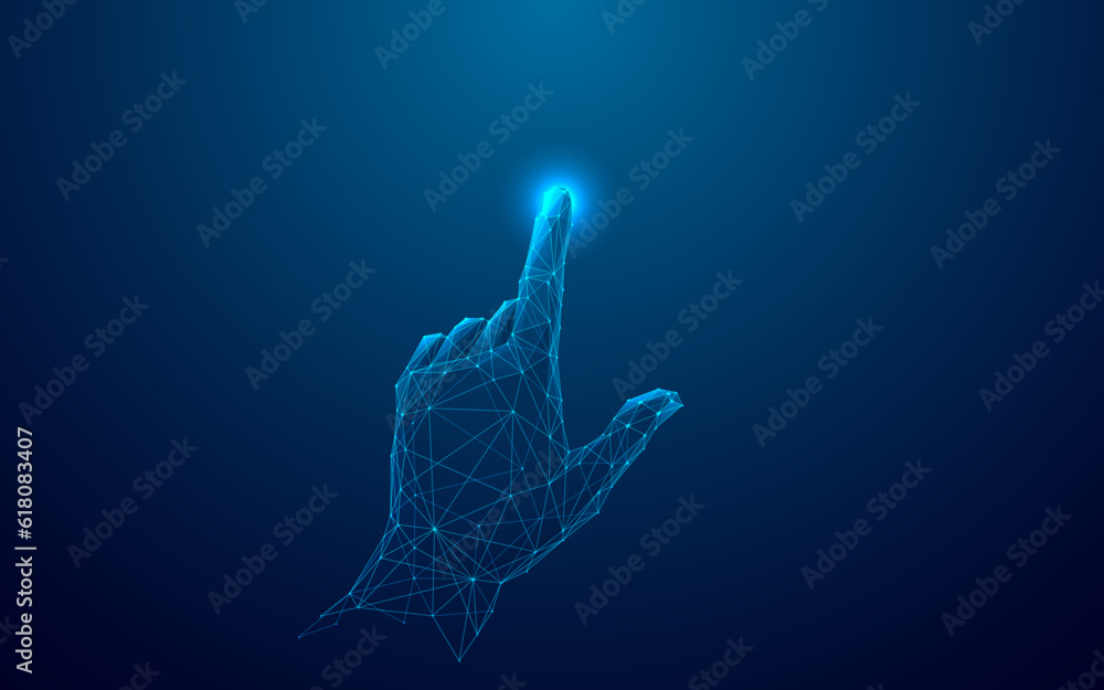 Poster abstract digital human hand touching on glowing dot. low poly vector illustration on dark blue techn