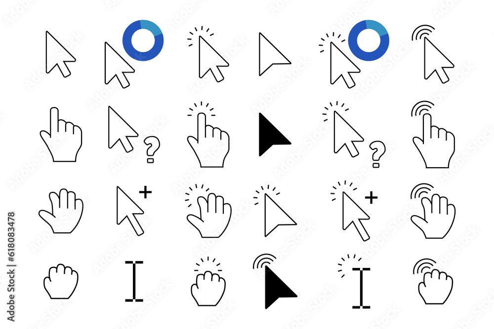 Poster Computer click mouse symbol collection. Set of arrow and hand cursor icon. Click cursor website collection