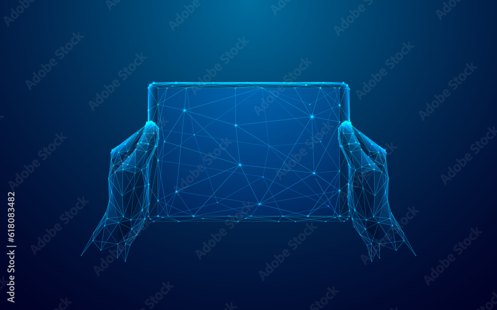 Poster Abstract Digital Hands-Holding Tablet with Empty Screen. Close Up Modern Device in Hands. First Person View. Technology Concept. Low Poly Wireframe Vector Illustration. Starry Sky Style in Dark Blue.